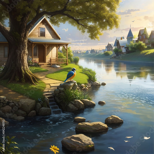 A bird is sitting under a tree a river ai generative photo