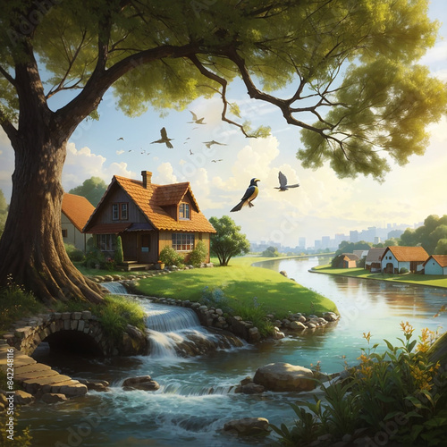 A bird is sitting under a tree a river ai generative photo