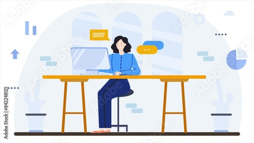 office interior with a woman doing daily activity at office business animated illustration video