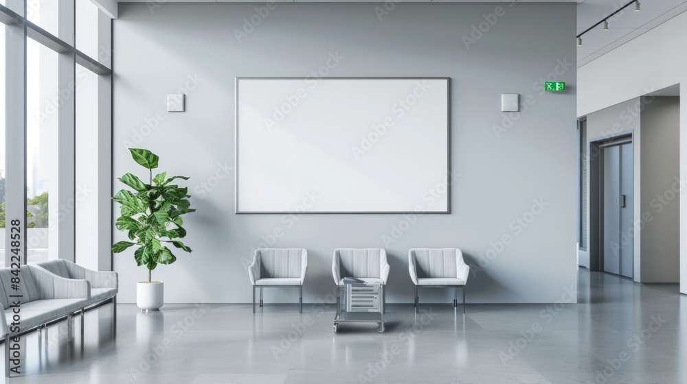 A mockup of an empty white poster on the wall in modern hospital waiting room with comfortable chairs and medical equipment. empty white blank poster on white wall in hospital, white board A mockup of an empty white poster on the wall in modern hospital waiting room with comfortable chairs and medical equipment. empty white blank poster on white wall in hospital, white board
