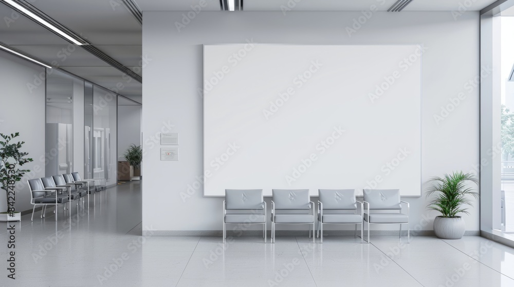 A mockup of an empty white poster on the wall in modern hospital waiting room with comfortable chairs and medical equipment. empty white blank poster on white wall in hospital, white board 