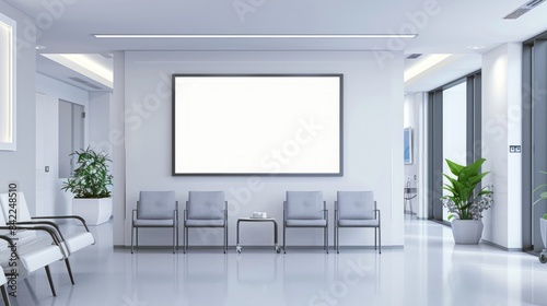 A mockup of an empty white poster on the wall in modern hospital waiting room with comfortable chairs and medical equipment. empty white blank poster on white wall in hospital, white board 