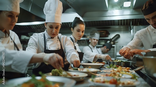 Professional Chefs Preparing Gourmet Dishes in a Busy Kitchen