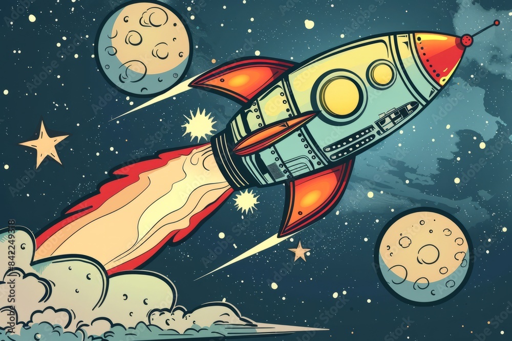 Cartoon cute doodles of a retro rocket ship blasting off into space with a futuristic flair, Generative AI