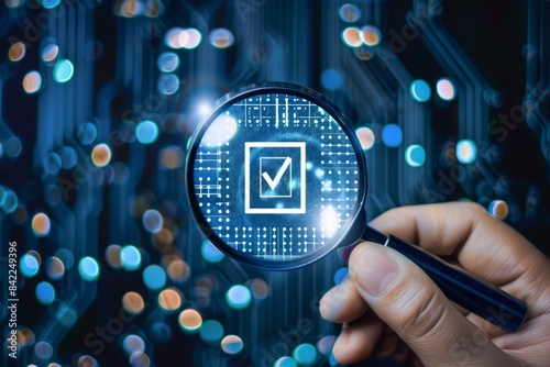 Wallpaper Mural A magnifying glass on an electronic chip with user avatar ICONS and checkmark symbols, human resources, HR management concepts, recruitment, leadership and team building. Recruitment process, Torontodigital.ca