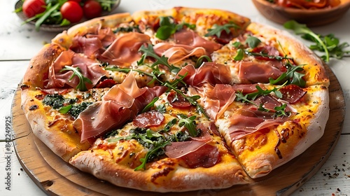 prosciutto and arugula pizza cut out on an isolated simple minimalist background