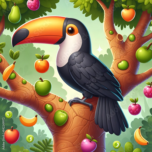 A black colored bird with a thick beak is sitting on a tree on which of different fruits picture.