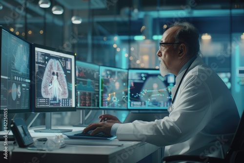 Professional doctor analyzing patient symptom while looking at hologram displayed on computer. Photography of scientist using AI diagnosis and planning treatment method. Healthcare concept. AIG42.