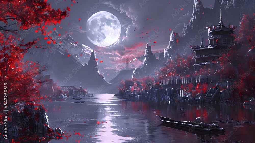 Magical Fantasy Scene with Castle, Lake, and Full Moon