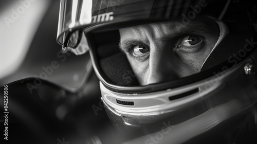 Close up portrait of racing car driver wearing helmet and focusing on driving car. Skilled driver looking forward while sitting in a racing car and looking at camera. Extreme sport concept. AIG42.