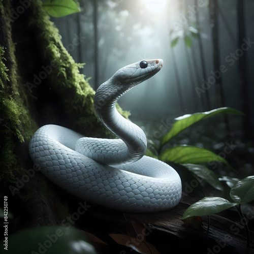 A beautiful white snake sits in the forest with its neck up.

