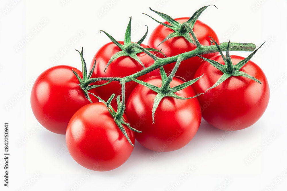 Bunch of fresh, red tomatoes with green stems isolated on white background. Clipping path. Bunch of fresh, red tomatoes with green stems isolated on white background. Clipping path.