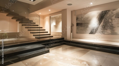 A modern home's foyer with a minimalist staircase featuring thin slate steps and a glass balustrade, set against a wall adorned with abstract, monochromatic art