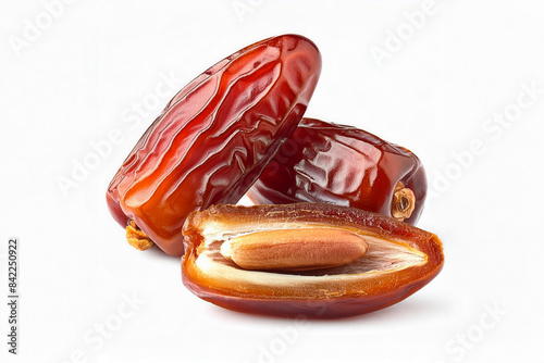 Dried dates fruits with cut in half isolated on white background. Clipping path. photo
