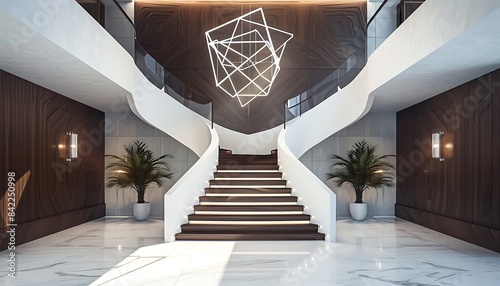 A modern luxury entrance hall with a dual-tone staircase combining white and dark wood, accentuated by a large, geometric hanging light fixture