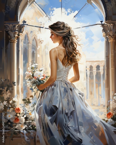 Watercolor background of a wedding woman walking in a fairy garden