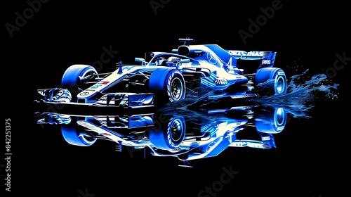 a f1 car on a black background, in the style of blue print 3d hologram, light white and light blue, ghosting effect photo