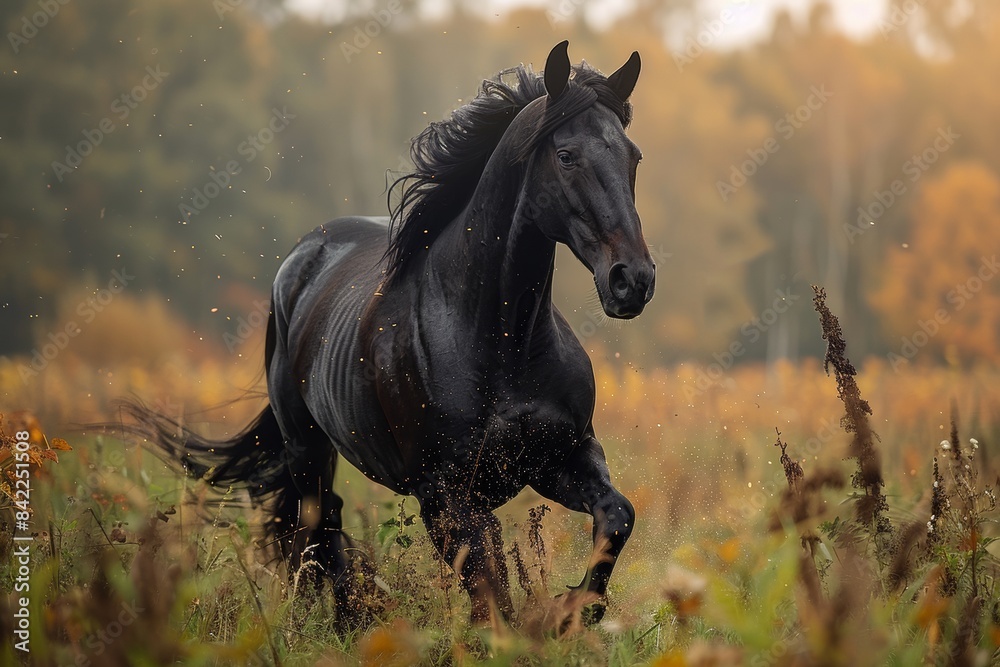 Obraz premium Black elegance stallion horse, a mammal, with some beautiful sleek fur running in the warming sunlight and a plain that's full of tall grass in the forest.