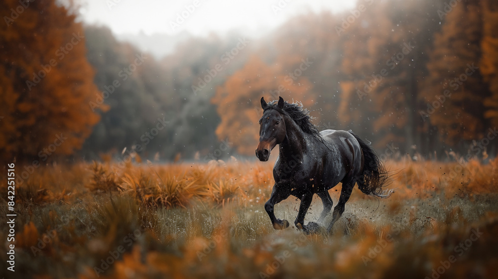 Black elegance stallion horse, a mammal, with some beautiful sleek fur running in the warming sunlight and a plain that's full of tall grass in the forest. Black elegance stallion horse, a mammal, with some beautiful sleek fur running in the warming sunlight and a plain that's full of tall grass in the forest.