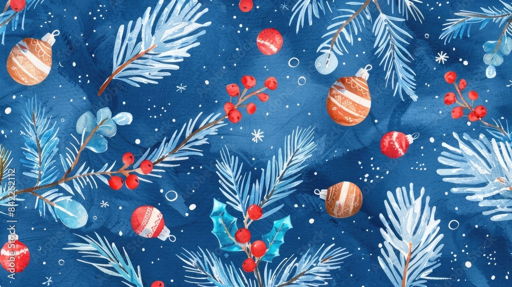 Watercolor hand drawn winter pattern with nature elements on a blue background Perfect for banners gifts textiles and fabrics Watercolor hand drawn winter pattern with nature elements on a blue background Perfect for banners gifts textiles and fabrics
