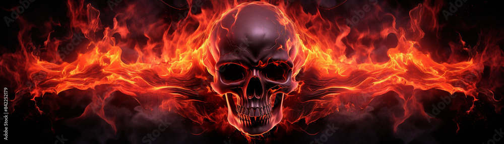 A fiery skull with flames engulfing it, creating an intense and dramatic visual effect against a dark background. A fiery skull with flames engulfing it, creating an intense and dramatic visual effect against a dark background.