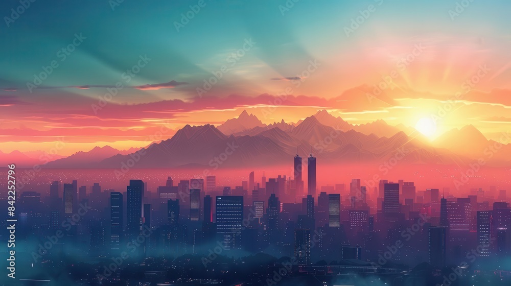 Cityscape with Mountains A city skyline with mountains in the background, Super cool and nice background, realistic photo stockphoto style