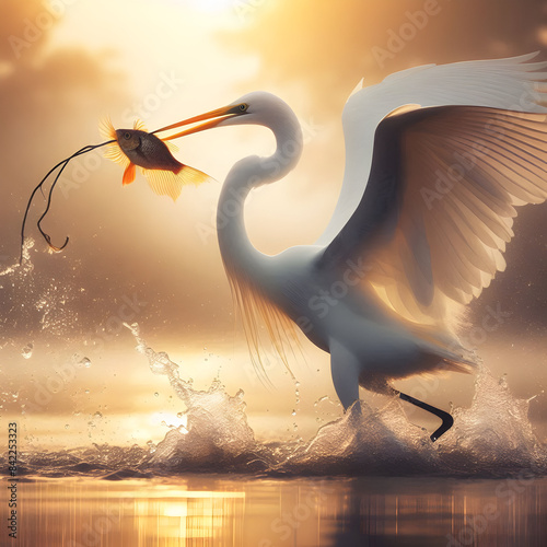 Bird Catching Fish in Water,Bird Hunting for Fish in the Water.
