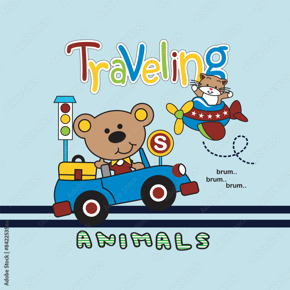 the bear rides in a car and his friend rides in a plane,design cartoon vector illustration the bear rides in a car and his friend rides in a plane,design cartoon vector illustration