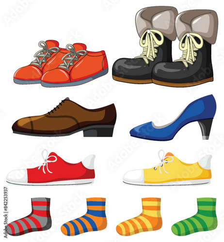 Various shoes and socks in vibrant colors