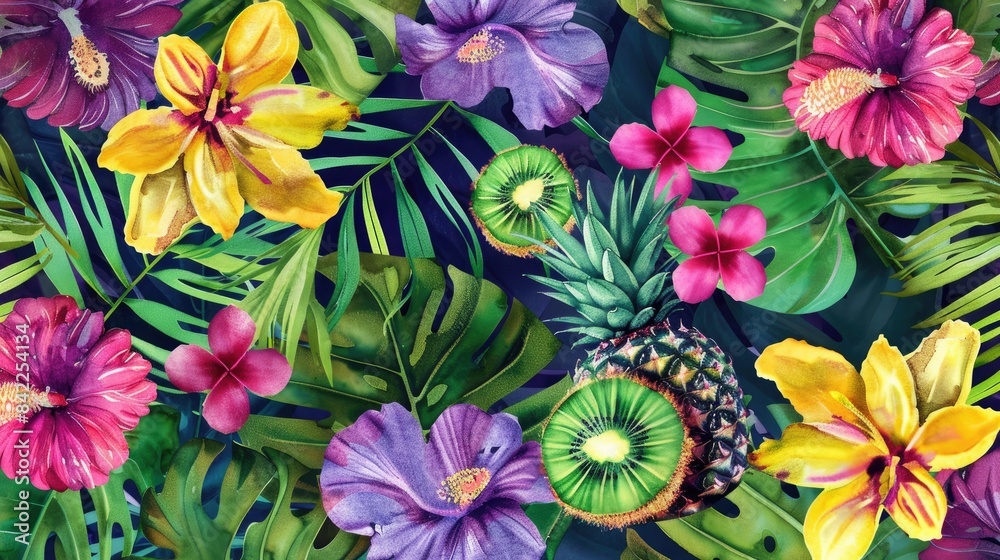 Obraz premium Modern seamless tropical pattern design with kiwi pineapples flowers and watercolor effect for textile prints and fashion items