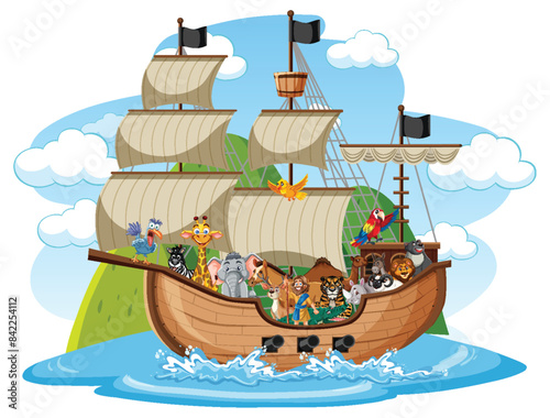 Various animals on a sailing ship at sea