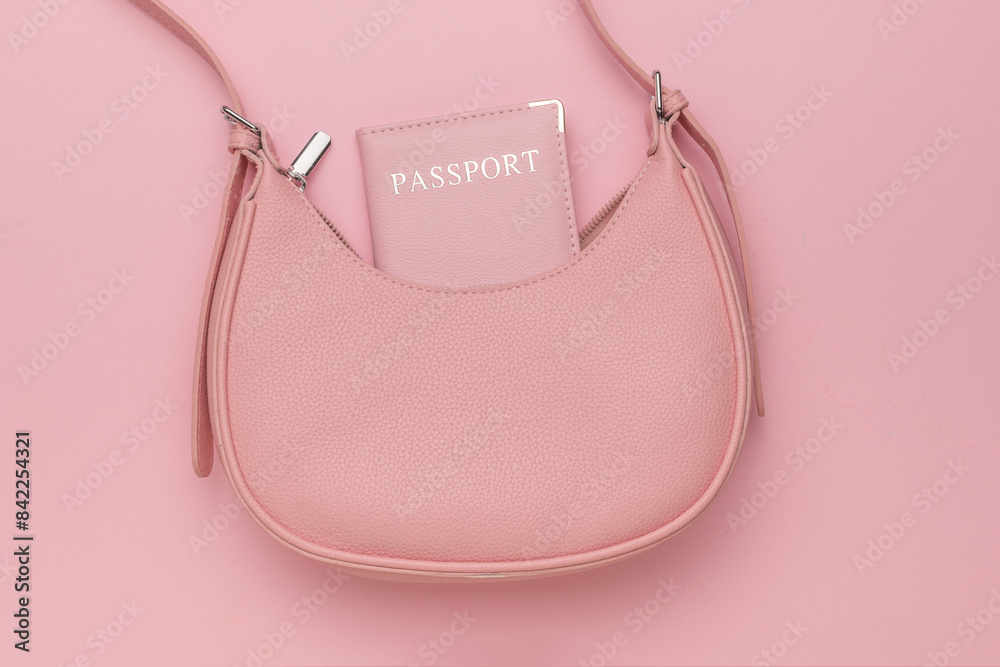 Pink Handbag with Passport on Pastel Pink Background - Travel Essentials and Fashion Accessories Stock Photo Pink Handbag with Passport on Pastel Pink Background - Travel Essentials and Fashion Accessories Stock Photo