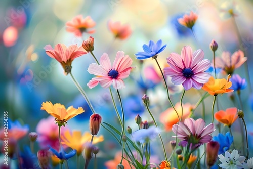 A field of wildflowers, with each blossom appearing as a colorful dot against a soft, blurred background