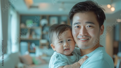 A joyful father holding his smiling baby in a cozy living room, showcasing the warmth and bond of parenthood and family life.