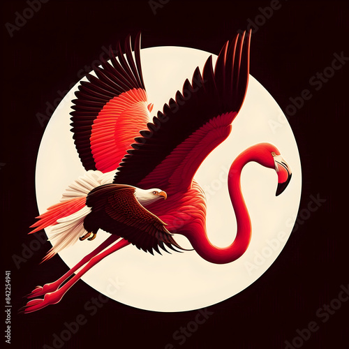 Majestic Falcon with Inverted Red Bird,Red Bird atop Falcon: A Unique Image.
