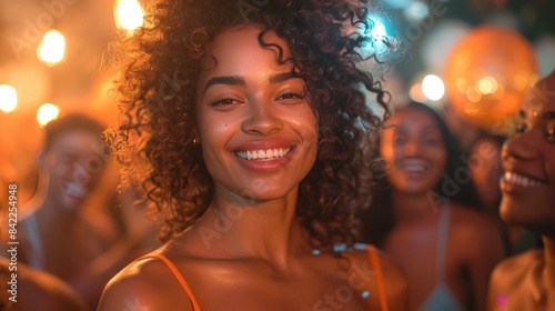 A joyful woman with curly hair enjoying a night out with friends at a vibrant outdoor party, radiating happiness and warmth. © Nuth