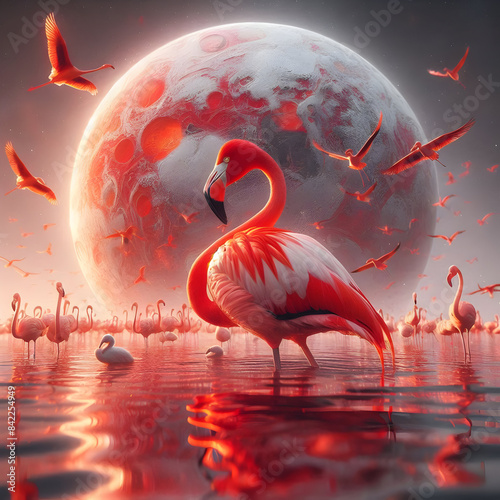 A flamingo bird in water,a beautiful wallpaper with nature.