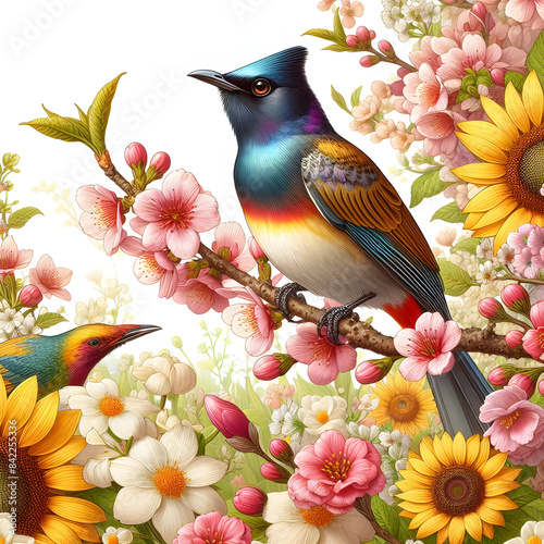 Vibrant Bird Resting Among Colorful Blossoms,Stunning Bird on a Bed of Colorful Flowers.
