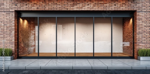 Mockup of empty office shop front with brick wall terrace, Generative AI 