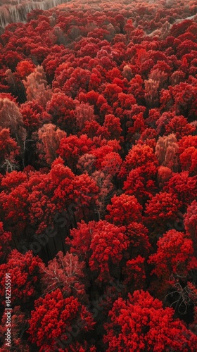 Aerial View of Red Lush Forest Canopy During Autumn