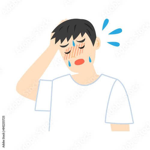 発熱して頭を押さえる男性。フラットなベクターイラスト。
Feverish woman holding his head.  Flat vector illustration.