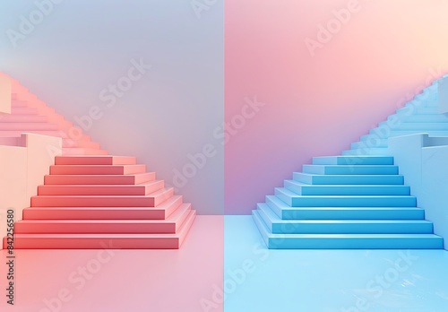 3d rendering of two different pastel color stairs in the same direction on gradientbackground