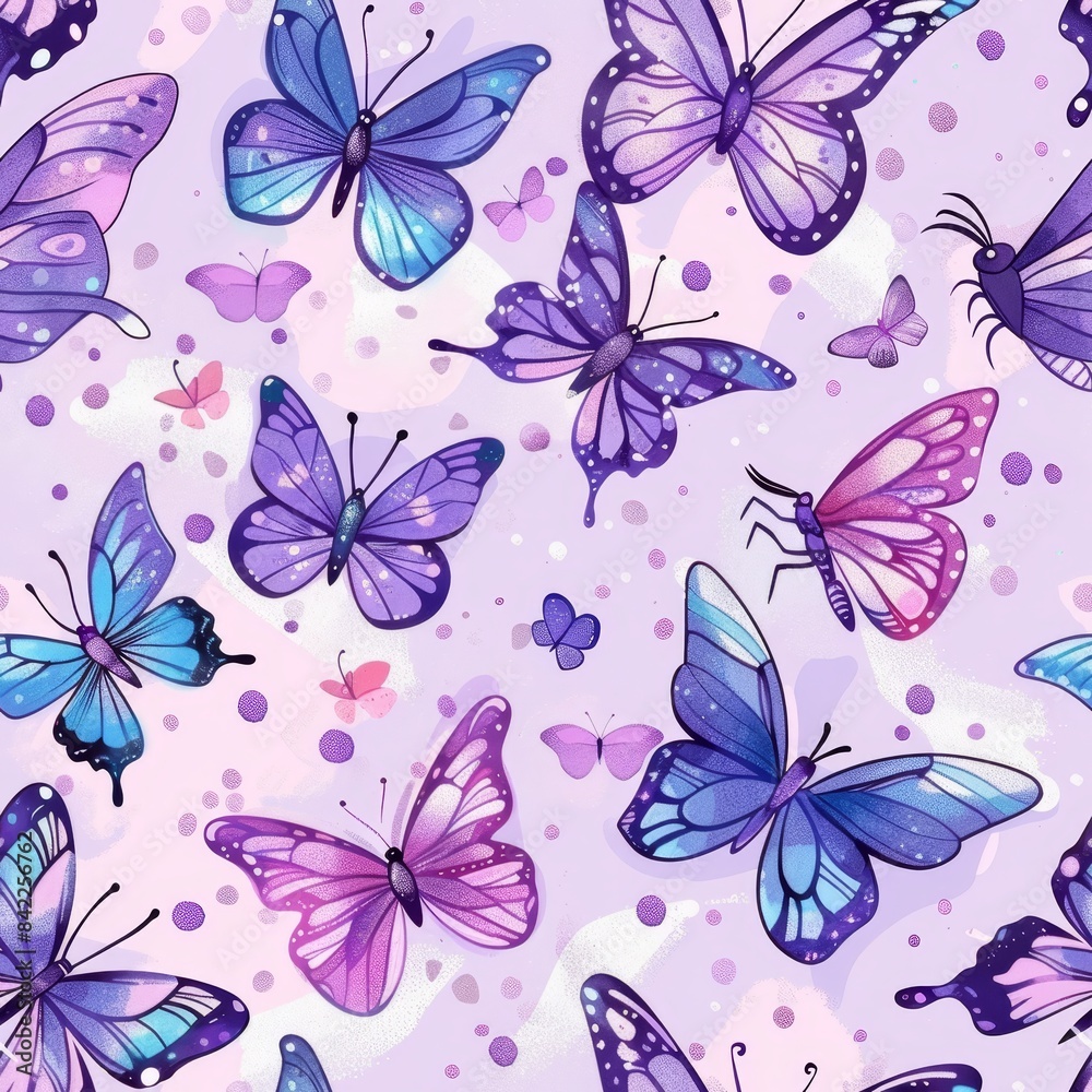 Whimsical butterfly seamless pattern with various shades of purple on a purple background Whimsical butterfly seamless pattern with various shades of purple on a purple background