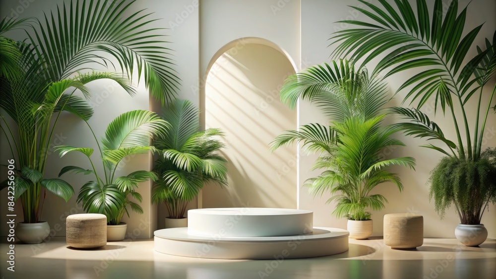 3d render minimalist podium for display product. tropical concept 3d render minimalist podium for display product. tropical concept