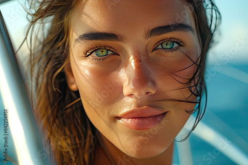 Close-Up of a Woman with Sunlit Face and Green Eyes on a Boat with Ocean Background