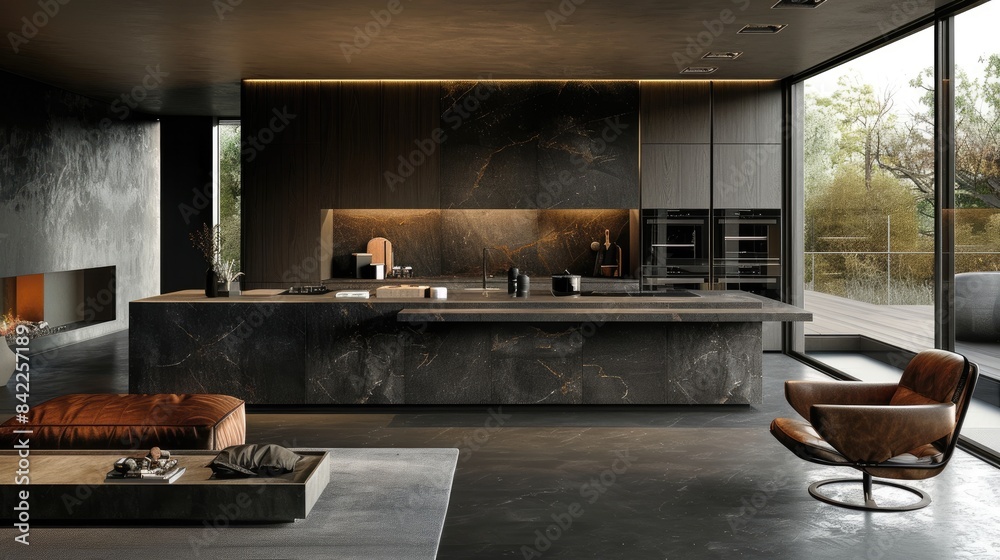 Modern Luxury Kitchen with Dark Marble Island and Cozy Seating Area in Contemporary Home Modern Luxury Kitchen with Dark Marble Island and Cozy Seating Area in Contemporary Home