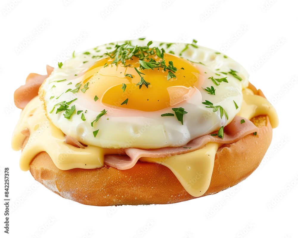 Delicious breakfast bagel topped with ham, melted cheese, and a sunny-side-up fried egg, garnished with fresh herbs. Delicious breakfast bagel topped with ham, melted cheese, and a sunny-side-up fried egg, garnished with fresh herbs.