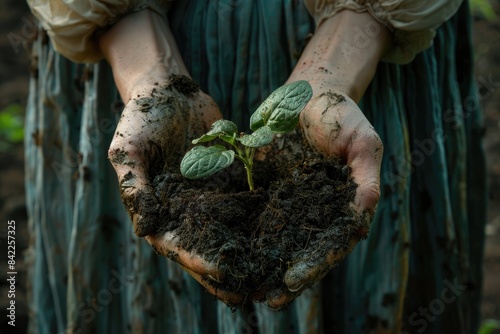 Close-Up of Hands Holding Soil with Green Seedling in Outdoor Garden Environment photo