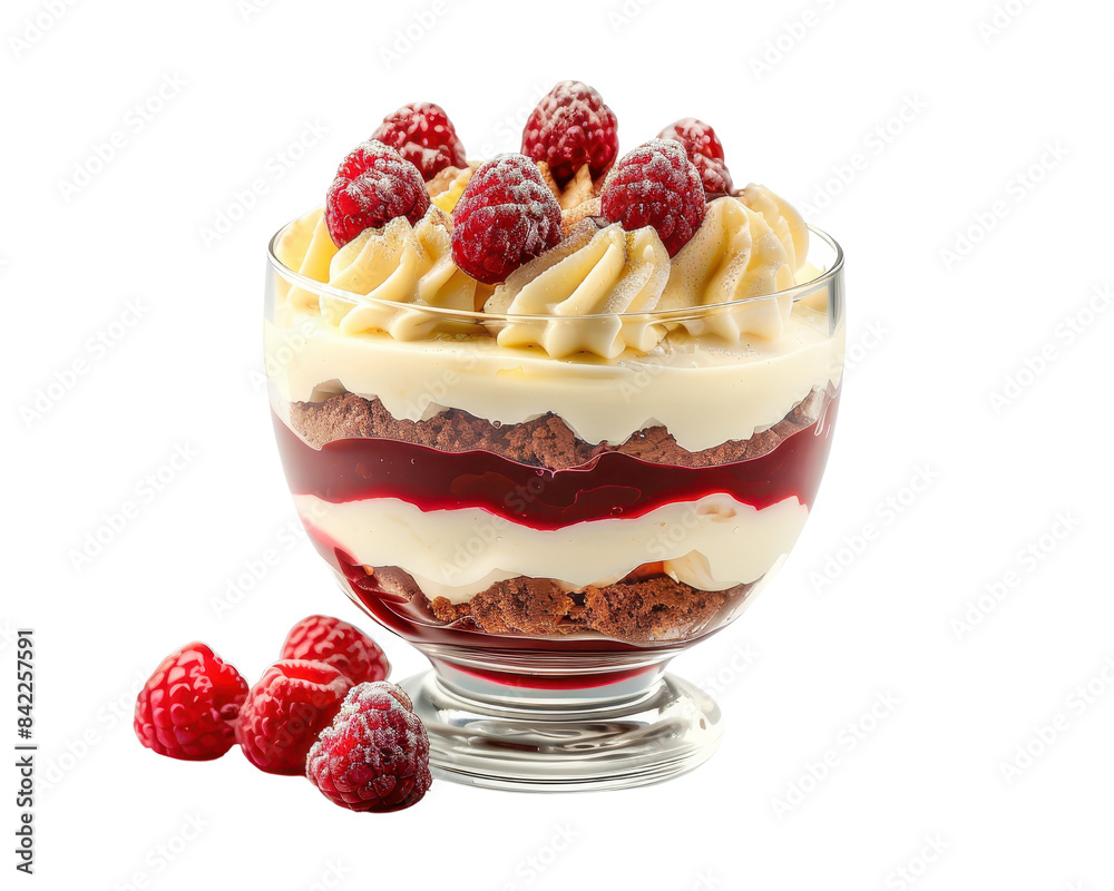 Delicious dessert parfait with layers of cream, chocolate, and raspberry, topped with fresh raspberries in a glass bowl. Delicious dessert parfait with layers of cream, chocolate, and raspberry, topped with fresh raspberries in a glass bowl.