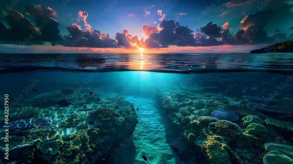 Obraz premium Landscape photography of tropical ocean shore coastline with clear blue water showing the coral reef underneath
